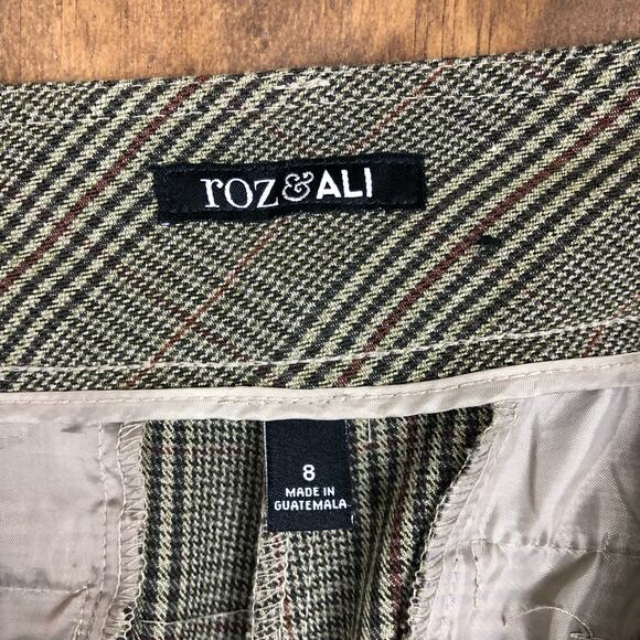 Roz & Ali Womens Pants Brown Green Checkered Plaid Workwear High Rise Stretch 8 - Picture 4 of 11